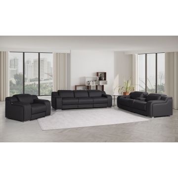 1116 DivanItalia Black 7-Piece Modular Power Reclining Sofa, Loveseat & Chair Set in Top Grain Italian Leather with 5 Power Recliners & Power Headrests