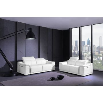 9762 DivanItalia White Top Grain Italian Leather Power Reclining Sofa and Loveseat Set with Adjustable Headrests