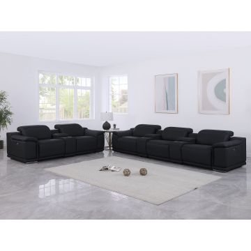 9762 DivanItalia Black 8-Piece Modular Power Reclining Sofa and Console Loveseat Set with Top Grain Italian Leather