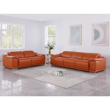 9762 DivanItalia Camel 5-Piece Modular Power Reclining Sofa and Loveseat Set with 5 Power Recliners in Top Grain Italian Leather