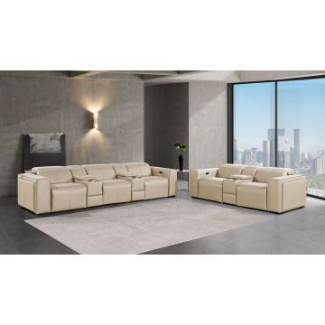1224 DivanItalia Beige 8-Piece Modular Power Reclining Sofa & Loveseat Set in Top Grain Italian Leather with 5 Power Recliners & Power Headrests