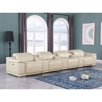 9762 DivanItalia Beige 7-Piece Italian Top Grain Leather Power Reclining Sofa with 4 Power Recliners