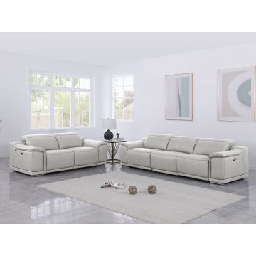 9762 DivanItalia LIght Gray 5-Piece Modular Power Reclining Sofa and Loveseat Set with 5 Power Recliners in Top Grain Italian Leather