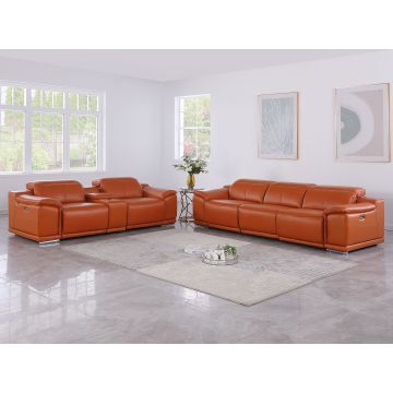 9762 DivanItalia Camel 6-Piece Modular Power Reclining Sofa and Console Loveseat Set with 5 Power Recliners in Top Grain Italian Leather