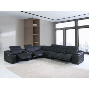 9762 DivanItalia Black 7-Piece L Shaped Top Grain Italian Leather Sectional Sofa with 4 Power Recliners