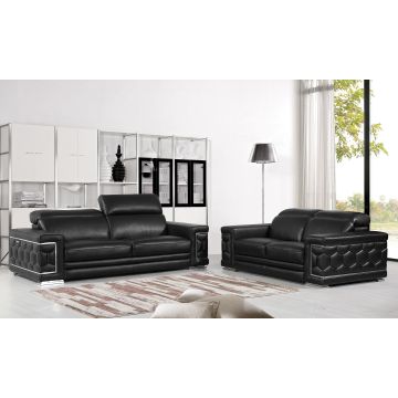 692 DivanItalia Black 2-Piece Sofa Set with Adjustable Headrest in Top-Grain Italian Leather