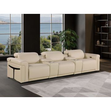 1126 DivanItalia Beige 5-Piece Modular Power Reclining Sofa in Top Grain Italian Leather with 3 Power Recliners & Power Headrests