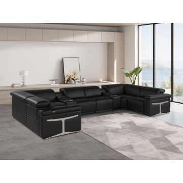 1126 DivanItalia Black 8-Piece U-Shaped Sectional Sofa in Top Grain Italian Leather with 2 Power Recliners & Power Headrests