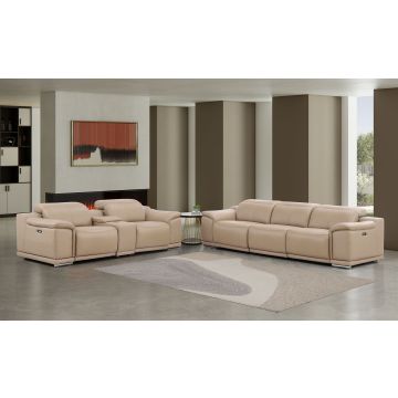 2679 Beige Genuine Leather Reclining Set – Sofa and Loveseat with 5 Power Recliners