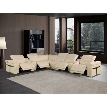 1126 DivanItalia Beige 8-Piece L-Shaped Sectional Sofa in Top Grain Italian Leather with 4 Power Recliners & Power Headrests