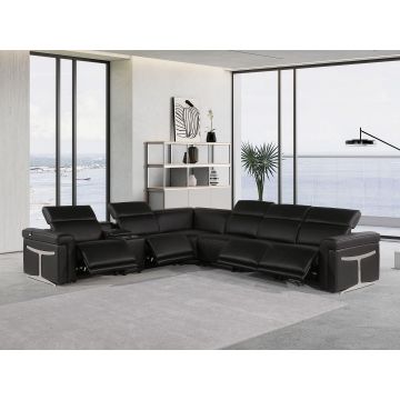 1126 DivanItalia Black 7-Piece L-Shaped Sectional Sofa in Top Grain Italian Leather with 4 Power Recliners & Power Headrests