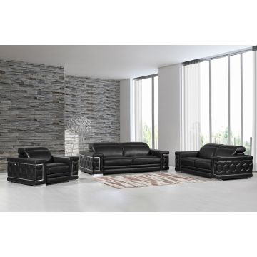 692 DivanItalia Black 3-Piece Sofa Set with Adjustable Headrest in Top-Grain Italian Leather