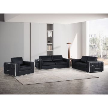 1130 DivanItalia Black 3-Piece Sofa Set in Top-Grain Italian Leather