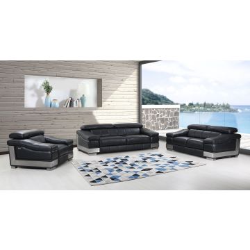 415 DivanItalia Black 3-Piece Sofa Set with Adjustable Headrest in Top-Grain Italian Leather