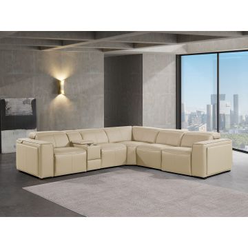 1224 DivanItalia Beige 6-Piece L-Shaped Sectional Sofa in Top Grain Italian Leather with 3 Power Recliners & Power Headrests