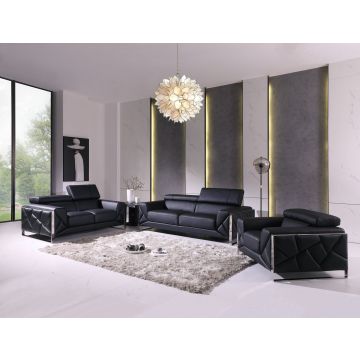 903 DivanItalia Black 3-Piece Sofa Set with Adjustable Headrest in Top-Grain Italian Leather