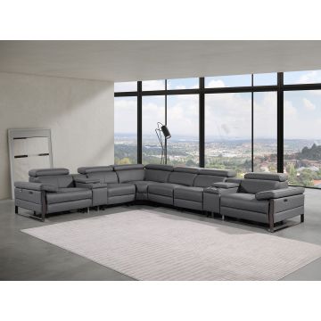 1246 DivanItalia Dark Grey 8-Piece L-Shaped Modular Power Reclining Sectional with 3 Power Recliners and Power Headrests – Top Grain Italian Leather