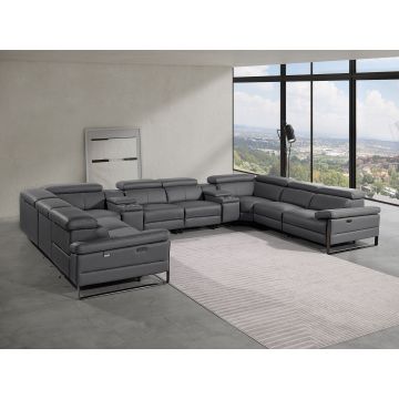 1246 DivanItalia Dark Grey 10-Piece U-Shaped Modular Power Reclining Sectional with 4 Power Recliners and Power Headrests – Top Grain Italian Leather