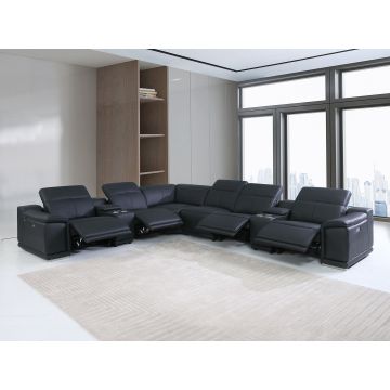 9762 DivanItalia Black 8-Piece L Shaped Top Grain Italian Leather Sectional Sofa with 4 Power Recliners
