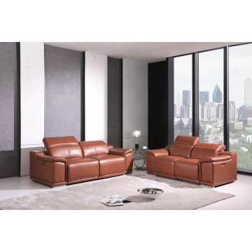 9762 DivanItalia Camel Top Grain Italian Leather Power Reclining Sofa and Loveseat Set with Adjustable Headrests