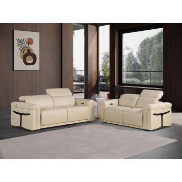 1126 DivanItalia Beige  Power Reclining Sofa and Loveseat Set in Top Grain Italian Leather with 4 Power Recliners & Power Headrests