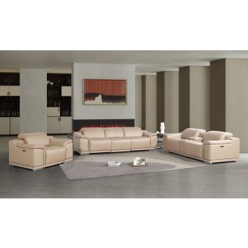 2679 Beige Power Reclining Sofa, Console Loveseat & Chair Set in Genuine Leather – 5 Recliners
