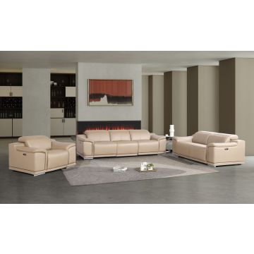 2679 Beige Power Reclining Sofa, Loveseat & Chair Set in Genuine Leather – 5 Recliners