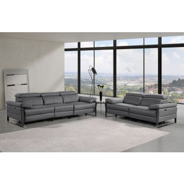 1246 DivanItalia Dark Grey Modular Power Dual Reclining Sofa and Loveseat Set with Power Headrests – Top Grain Italian Leather
