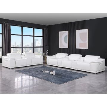 9762 DivanItalia White 8-Piece Modular Power Reclining Sofa and Console Loveseat Set with Top Grain Italian Leather