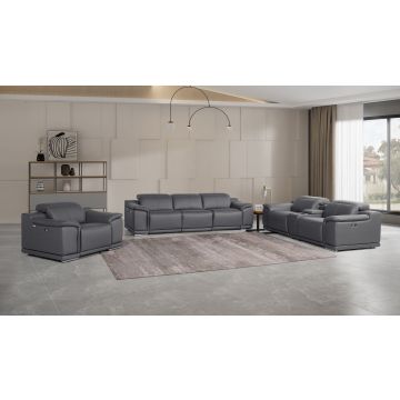 9762 DivanItalia Dark Gray 7-Piece Modular Power Reclining Sofa, Loveseat and Chair Set with 6 Power Recliners in Top Grain Italian Leather