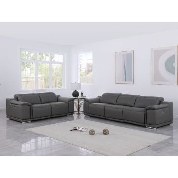 9762 DivanItalia Dark Gray 5-Piece Modular Power Reclining Sofa and Loveseat Set with 5 Power Recliners in Top Grain Italian Leather