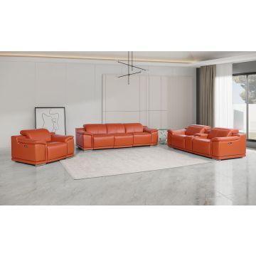 9762 DivanItalia Camel 7-Piece Modular Power Reclining Sofa, Loveseat and Chair Set with 6 Power Recliners in Top Grain Italian Leather