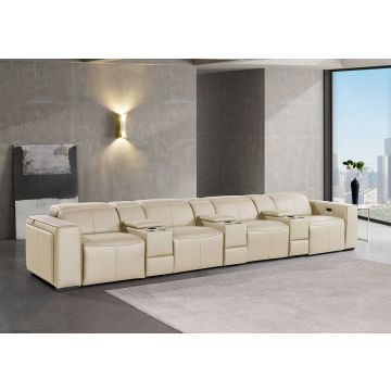 1224 DivanItalia Beige 7-Piece Modular Power Reclining Sofa in Top Grain Italian Leather with 4 Power Recliners & Power Headrests