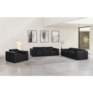 1224 DivanItalia Black 7-Piece Modular Power Reclining Sofa, Loveseat & Chair Set in Top Grain Italian Leather with 6 Power Recliners & Power Headrests