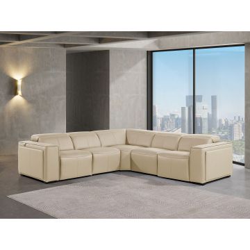 1224 DivanItalia Beige 5-Piece L-Shaped Sectional Sofa in Top Grain Italian Leather with 3 Power Recliners & Power Headrests