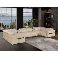 1126 DivanItalia Beige 8-Piece U-Shaped Sectional Sofa in Top Grain Italian Leather with 4 Power Recliners & Power Headrests