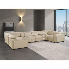 1224 DivanItalia Beige 8-Piece U-Shaped Sectional Sofa in Top Grain Italian Leather with 2 Power Recliners & Power Headrests