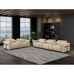 1126 DivanItalia Beige 8-Piece Modular Power Reclining Sofa & Loveseat Set in Top Grain Italian Leather with 5 Power Recliners & Power Headrests