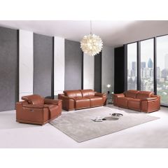 9762 DivanItalia Camel Top Grain Italian Leather Power Reclining Sofa, Loveseat and Chair Set with Adjustable Headrests