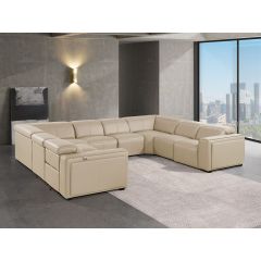 1224 DivanItalia Beige 8-Piece U-Shaped Sectional Sofa in Top Grain Italian Leather with 4 Power Recliners & Power Headrests